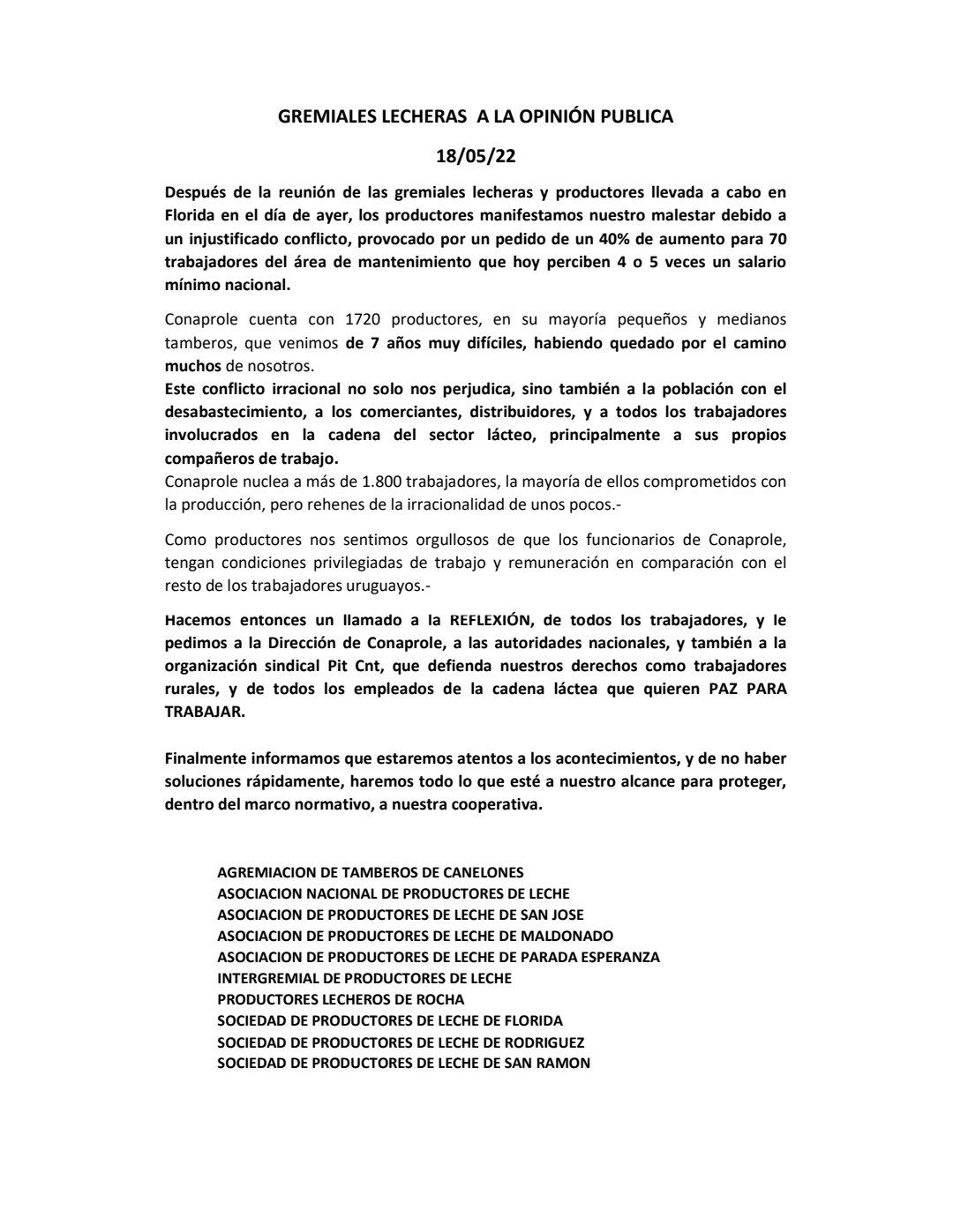 Gremiales lecheras re reunieron en Florida por conflicto en Conaprole