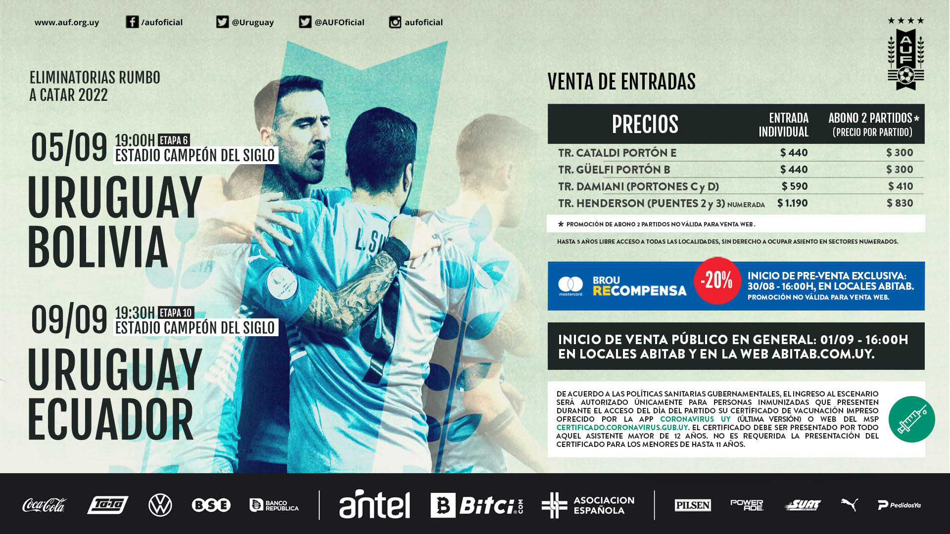 AUF dio a conocer los precios de las entradas para partidos de Uruguay por eliminatorias