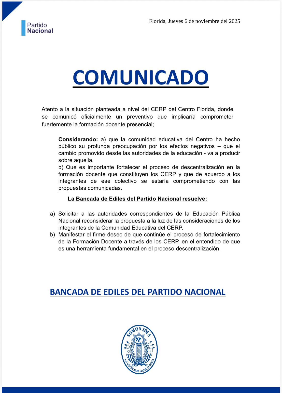 COMUNICADO DE EDILES DELPN