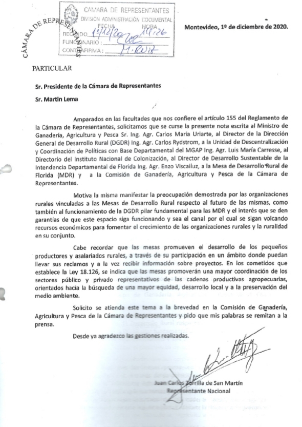 El diputado suplente de Carlos Rodríguez Gálvez Juan Zorrilla de San Martín solicitó en el parlamento mediante una exposición escrita que se continúe con las Mesas de Desarrollo Rural
