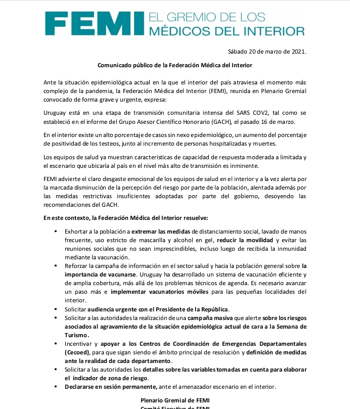 FEMI solicita reunión con Lacalle Pou y manifiesta que gobierno desoyó al GACHjpg