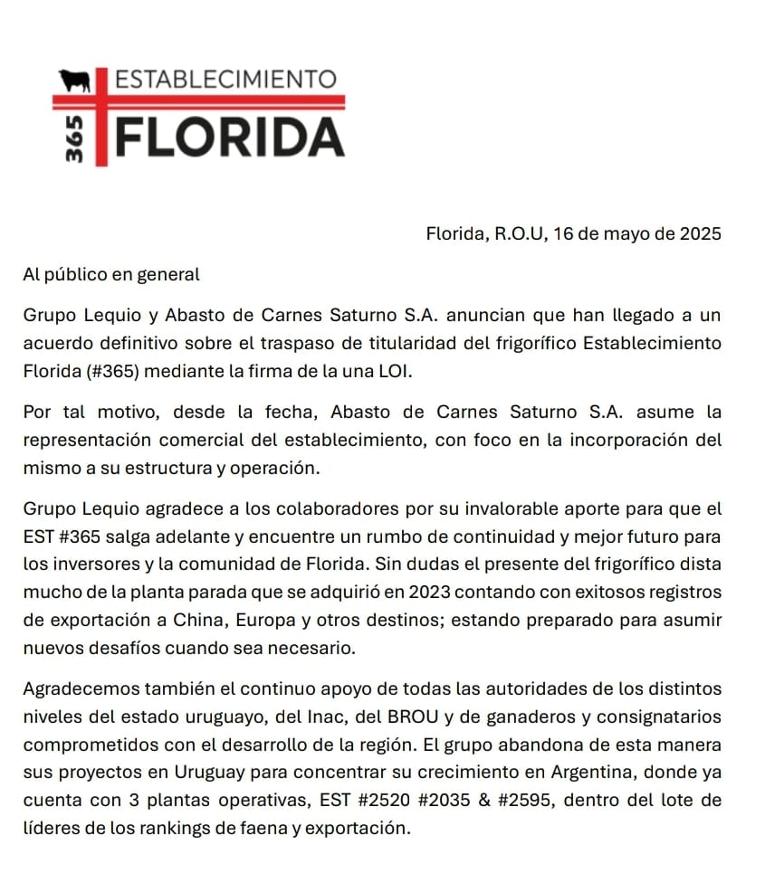 Grupo argentino Lequio anunció la venta de la planta frigorífica de Florida a la empresa Saturno SAjpeg