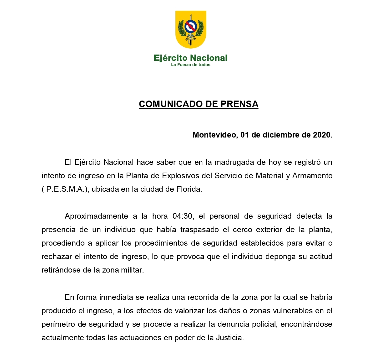 Nuevamente intentan ingresar a la Planta de Explosivos del Ejercito Nacional ubicada en Florida