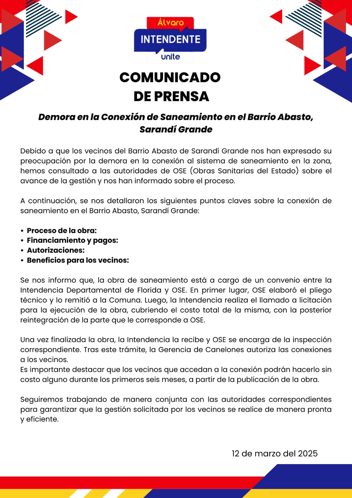 Álvaro Vega emitió comunicado sobre situación de conexión de saneamiento en barrio de Sarandí