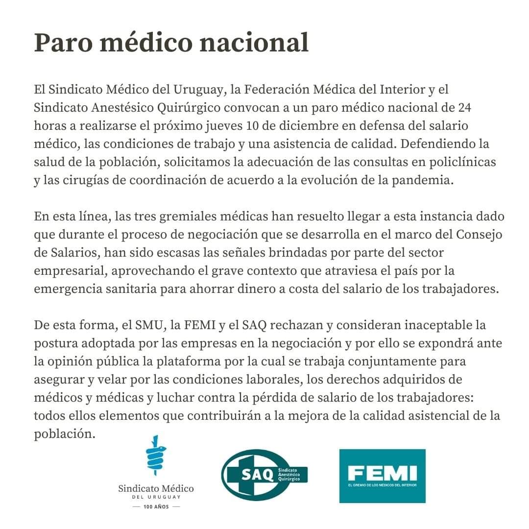 SMU FEMI y el SAQ convocan a un para médico nacional